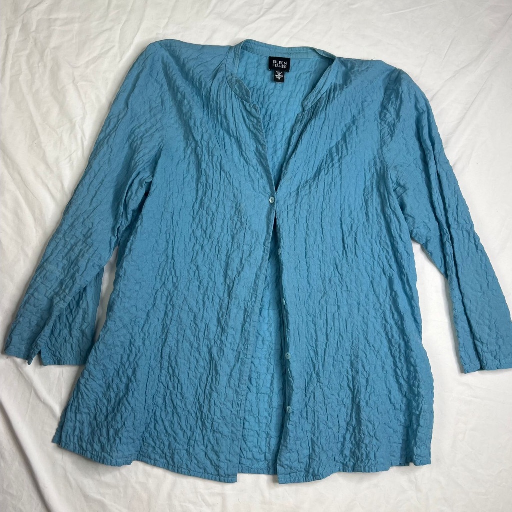 Eileen Fisher Blouse Sz M Blue Button Front Long Sleeve Quilted Blouse A040923